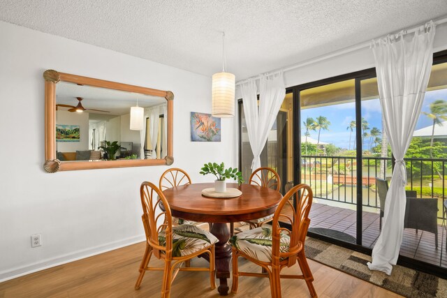 4330 Kauai Beach Dr Unit E5, Lihue, HI 96766 - dining room with wood finished floors, healthy amount of natural light, a ceiling fan, and a textured ceiling