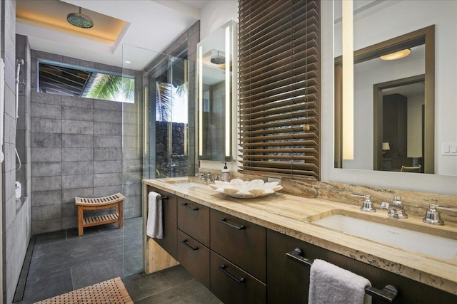 73-6244 Alani Loop Unit 10, Kailua-Kona, HI 96740 - bathroom with double vanity, a tile shower, and tile patterned floors