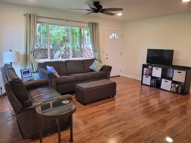 68-1818 Pau Nani St, Waikoloa, HI 96738 - living room featuring wood finished floors, ceiling fan, recessed lighting, and baseboards