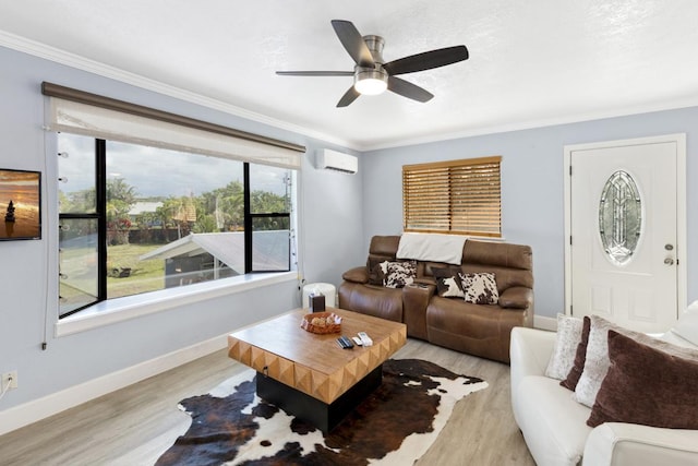 15-1925 4th Ave, Keaau, HI 96749 - living room with a wall unit AC, light wood-style flooring, ceiling fan, and ornamental molding