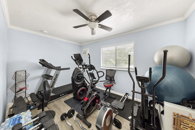 15-1925 4th Ave, Keaau, HI 96749 - workout room with wood finished floors, a ceiling fan, crown molding, and a textured ceiling