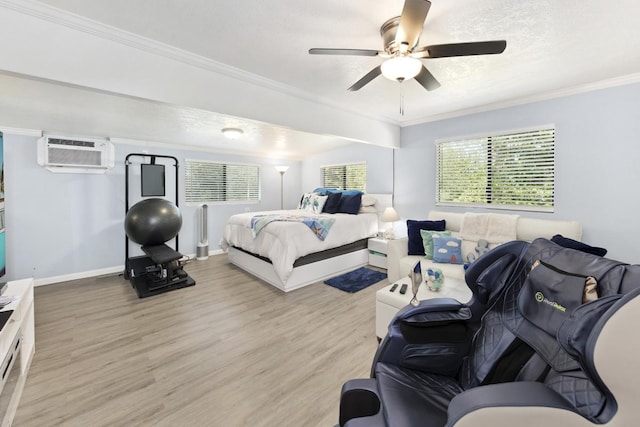 15-1925 4th Ave, Keaau, HI 96749 - bedroom featuring a wall mounted AC, wood finished floors, crown molding, and a ceiling fan