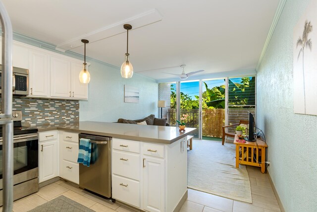 69-1647 Puako Beach Dr Unit 105, Kamuela, HI 96743 - kitchen featuring appliances with stainless steel finishes, floor to ceiling windows, a peninsula, backsplash, and open floor plan