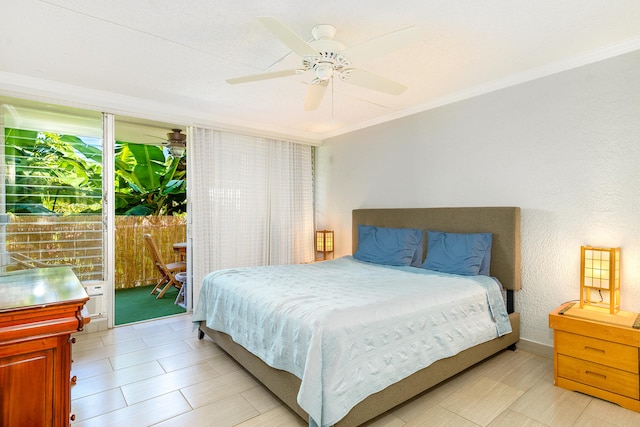 69-1647 Puako Beach Dr Unit 105, Kamuela, HI 96743 - bedroom featuring access to exterior, crown molding, and a ceiling fan