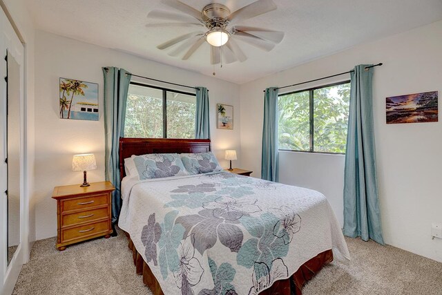 16-2038 Maile Way, Pahoa, HI 96778 - bedroom featuring light carpet, multiple windows, and ceiling fan