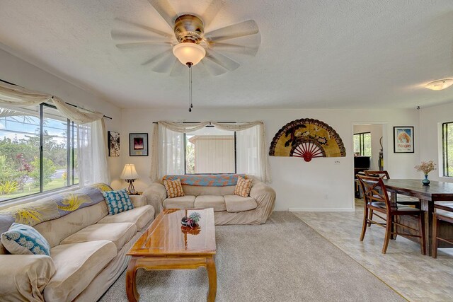 16-2038 Maile Way, Pahoa, HI 96778 - living room with a ceiling fan, a textured ceiling, and baseboards