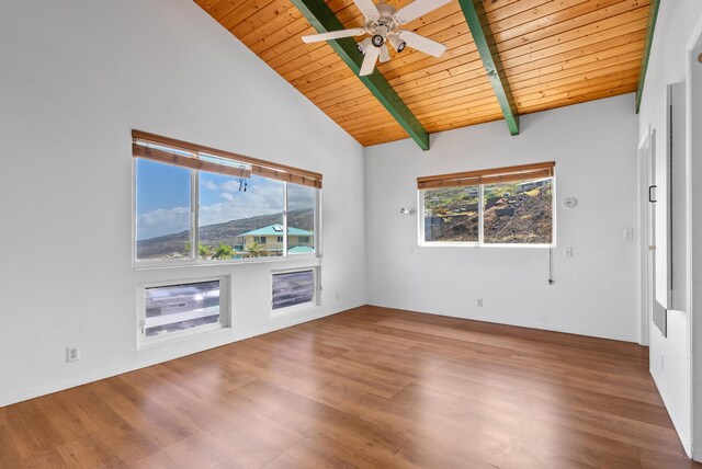 88-1506 Ewalu Ave, Captain Cook, HI 96704 - unfurnished room with wood finished floors, wood ceiling with exposed beams, a ceiling fan, and high vaulted ceiling