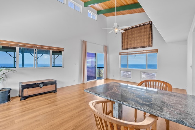 88-1506 Ewalu Ave, Captain Cook, HI 96704 - dining space featuring a ceiling fan, wood finished floors, wood ceiling with exposed beams, and a high ceiling