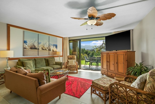 5380 Honoiki Rd Unit F16, Princeville, HI 96722 - living area featuring ceiling fan, expansive windows, and light tile patterned floors
