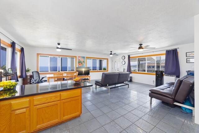 88-131 Kai Ave, Captain Cook, HI 96704 - kitchen featuring open floor plan, dark countertops, a ceiling fan, and a textured ceiling