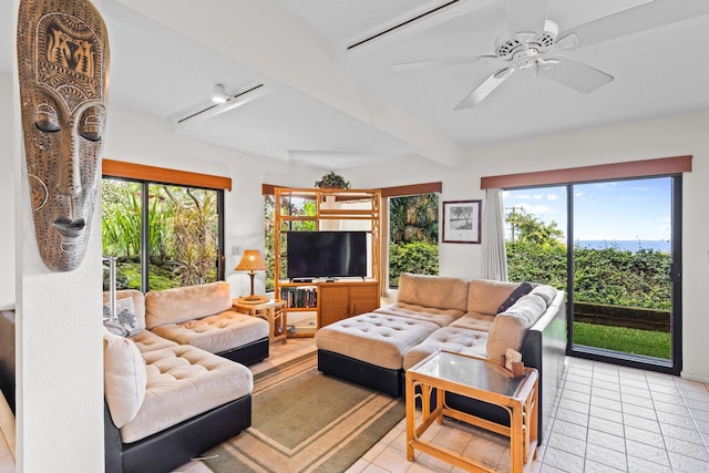 78-6737 Walua Rd, Kailua-Kona, HI 96740 - living area featuring beamed ceiling, light tile patterned floors, and ceiling fan