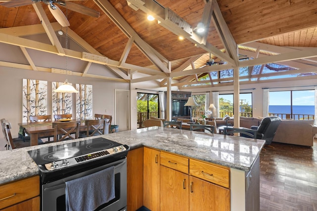 78-6737 Walua Rd, Kailua-Kona, HI 96740 - kitchen with stainless steel electric range, ceiling fan, open floor plan, wooden ceiling with exposed beams, and light stone countertops