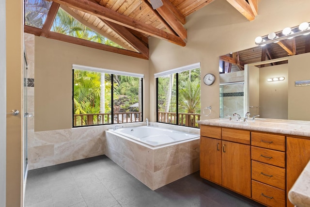 78-6737 Walua Rd, Kailua-Kona, HI 96740 - bathroom with a garden tub, vanity, wooden ceiling, and tiled shower