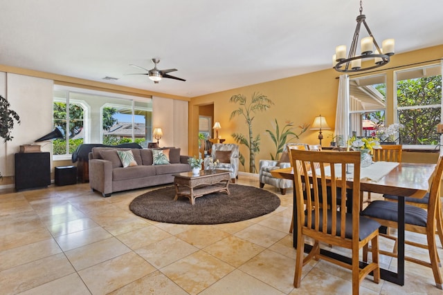 75-149 Kamilo St, Kailua-Kona, HI 96740 - living room featuring a chandelier, a ceiling fan, and light tile patterned floors