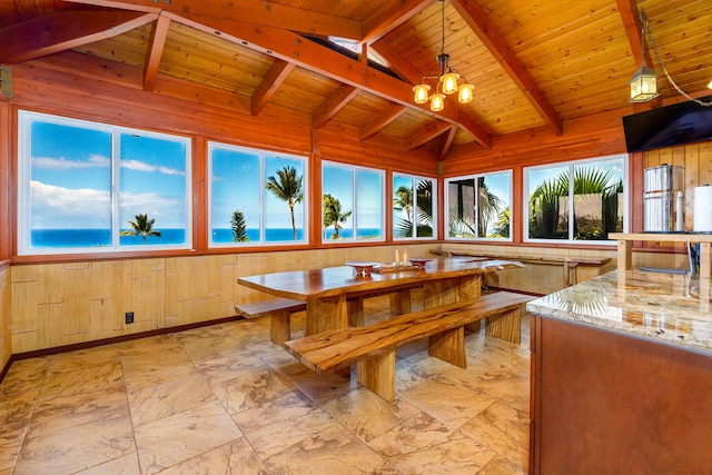 76-6319 Leone St, Kailua-Kona, HI 96740 - unfurnished dining area featuring wooden walls, wooden ceiling, a chandelier, and healthy amount of natural light