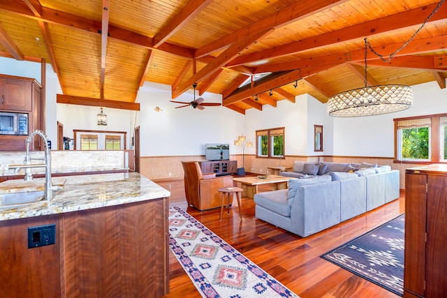 76-6319 Leone St, Kailua-Kona, HI 96740 - living room featuring wood ceiling, wainscoting, wood-type flooring, wooden walls, and a ceiling fan