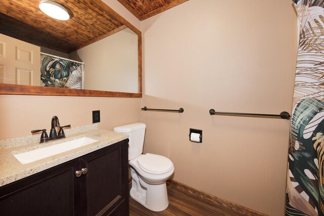 15-1653 28th Ave, Keaau, HI 96749 - full bath featuring wooden ceiling, vanity, toilet, wood finished floors, and a shower with curtain