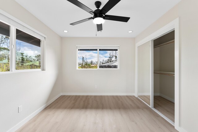 16-2147 Stardust Dr, Pahoa, HI 96778 - unfurnished bedroom featuring wood finished floors, a closet, baseboards, recessed lighting, and a ceiling fan