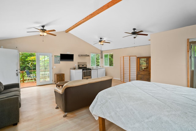 3184-B Hikina Rd, Koloa, HI 96756 - bedroom featuring access to outside, light wood-type flooring, multiple windows, and ceiling fan