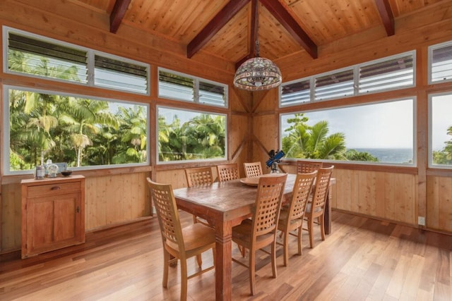 27-577 Old Mamalahoa Hwy Unit 2, Papaikou, HI 96781 - dining room featuring wood walls, light wood finished floors, a wood ceiling with exposed beams, and plenty of natural light