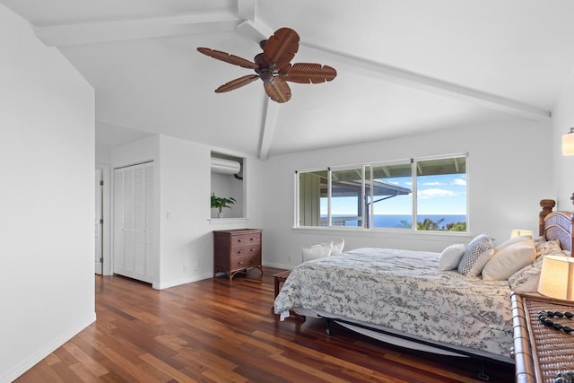 76-985 Aeo St, Kailua-Kona, HI 96740 - bedroom with beamed ceiling, wood finished floors, baseboards, a wall mounted air conditioner, and ceiling fan