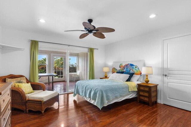 76-985 Aeo St, Kailua-Kona, HI 96740 - bedroom featuring access to exterior, wood finished floors, recessed lighting, and a ceiling fan