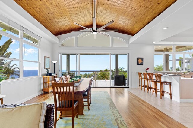 76-985 Aeo St, Kailua-Kona, HI 96740 - dining area featuring ceiling fan, healthy amount of natural light, high vaulted ceiling, baseboards, and wooden ceiling