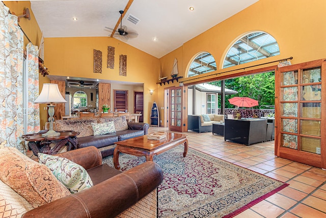 15-869 Lemiwai Rd, Keaau, HI 96749 - tiled living room featuring ceiling fan, french doors, high vaulted ceiling, and recessed lighting