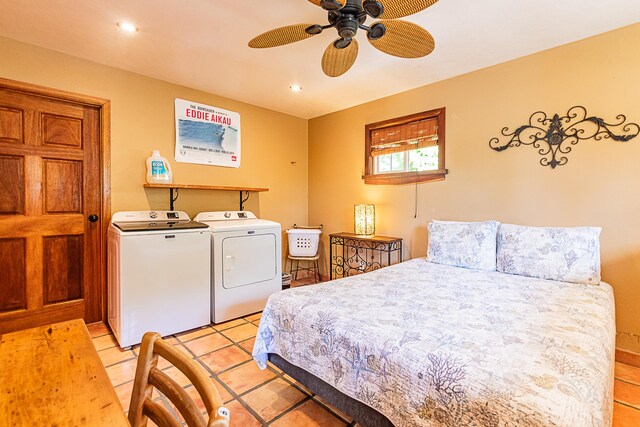 15-869 Lemiwai Rd, Keaau, HI 96749 - bedroom with washing machine and clothes dryer, light tile patterned flooring, recessed lighting, and a ceiling fan