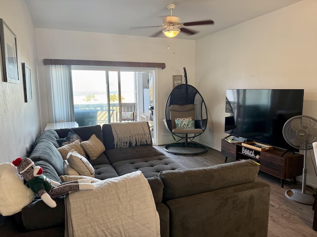 73-1111 Nuuanu Pl Unit N103, Kailua-Kona, HI 96740 - living room featuring wood finished floors and a ceiling fan