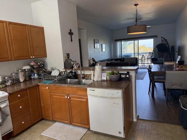 73-1111 Nuuanu Pl Unit N103, Kailua-Kona, HI 96740 - kitchen with white appliances, open floor plan, a peninsula, and brown cabinets