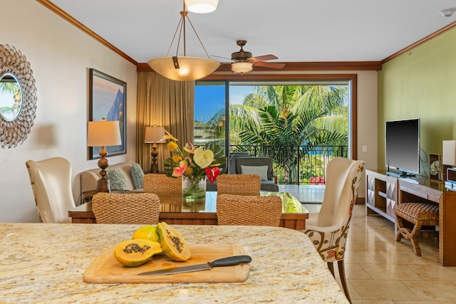 2641 Poipu Rd Unit 1202, Koloa, HI 96756 - dining room featuring crown molding, ceiling fan, and light tile patterned flooring