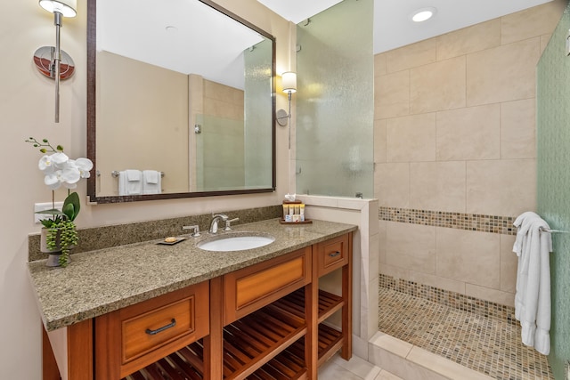 2641 Poipu Rd Unit 1202, Koloa, HI 96756 - bathroom featuring walk in shower, vanity, recessed lighting, and tile patterned floors