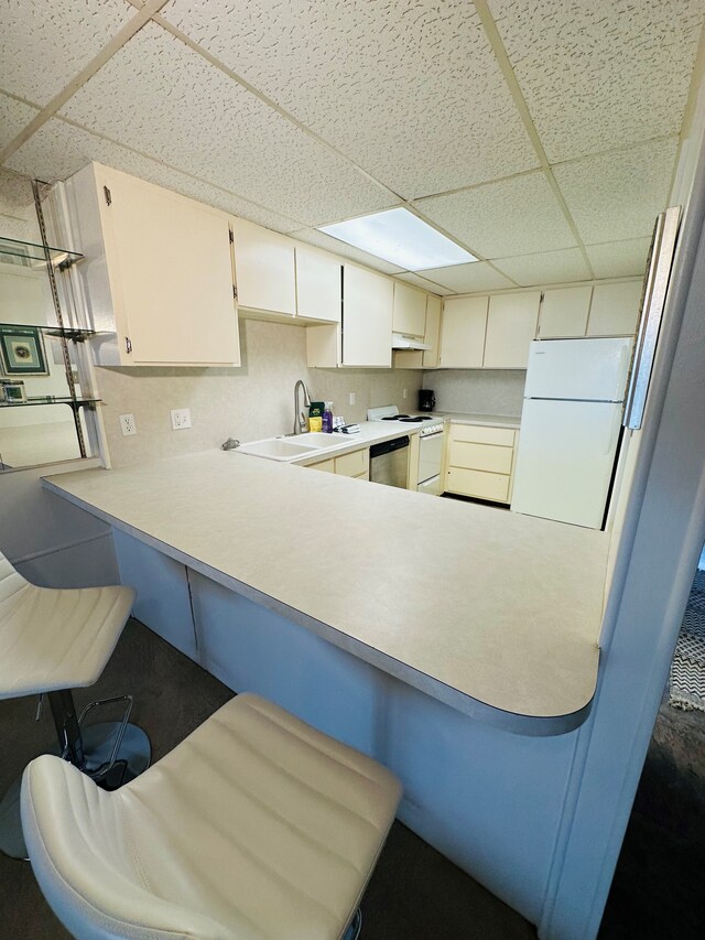 82-6073-A Hawaii Belt Rd Unit 11B, Captain Cook, HI 96704 - kitchen with a paneled ceiling, white appliances, a sink, light countertops, and a peninsula