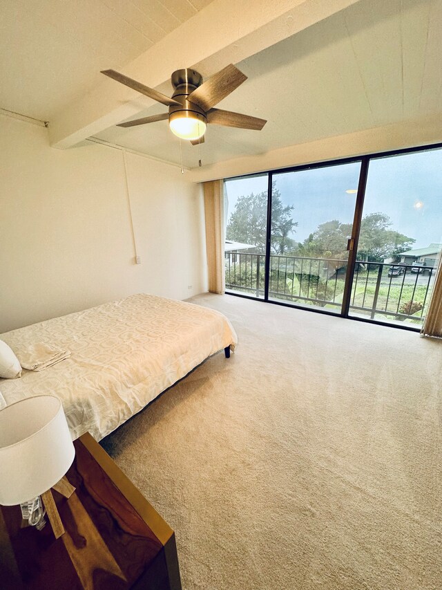 82-6073-A Hawaii Belt Rd Unit 11B, Captain Cook, HI 96704 - bedroom featuring access to outside, carpet floors, and a ceiling fan
