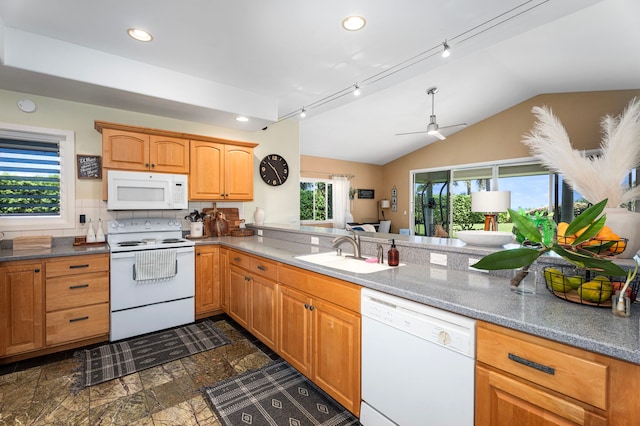 76-6398 Pualani St Unit 7, Kailua-Kona, HI 96740 - kitchen with white appliances, a sink, lofted ceiling, recessed lighting, and dark stone finish floors