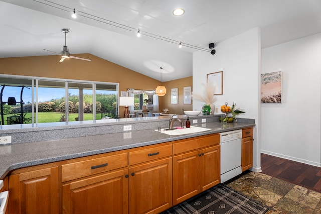 76-6398 Pualani St Unit 7, Kailua-Kona, HI 96740 - kitchen with white dishwasher, a sink, a ceiling fan, lofted ceiling, and brown cabinetry