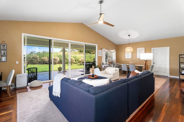 76-6398 Pualani St Unit 7, Kailua-Kona, HI 96740 - living room featuring ceiling fan, dark wood-style floors, and vaulted ceiling
