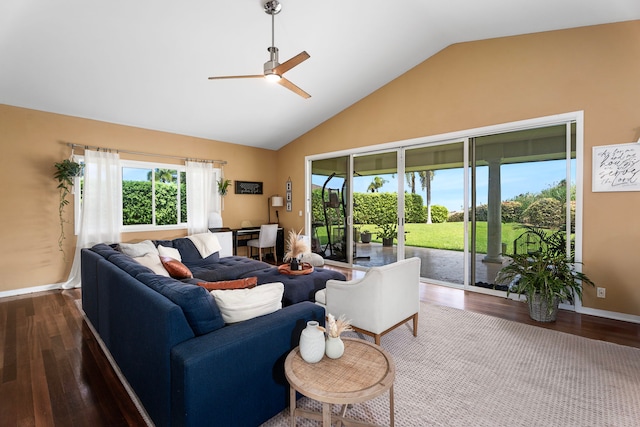 76-6398 Pualani St Unit 7, Kailua-Kona, HI 96740 - living room featuring ceiling fan, dark wood-style floors, baseboards, and high vaulted ceiling