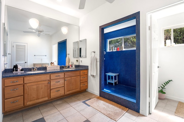 76-6398 Pualani St Unit 7, Kailua-Kona, HI 96740 - full bathroom with ceiling fan, double vanity, tile patterned floors, and tiled shower
