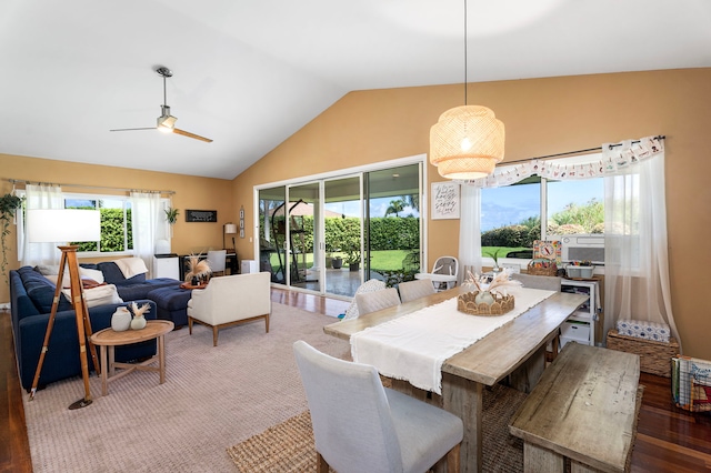 76-6398 Pualani St Unit 7, Kailua-Kona, HI 96740 - dining area with wood finished floors, a ceiling fan, high vaulted ceiling, and beverage cooler