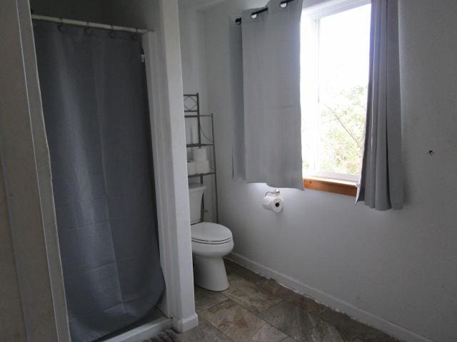 89-902 Rd Rd, Captain Cook, HI 96704 - bathroom featuring toilet, a shower stall, baseboards, and stone finish flooring