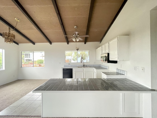 76-197 Kealoha St, Kailua-Kona, HI 96740 - kitchen with black dishwasher, tile counters, stainless steel microwave, a sink, and a peninsula