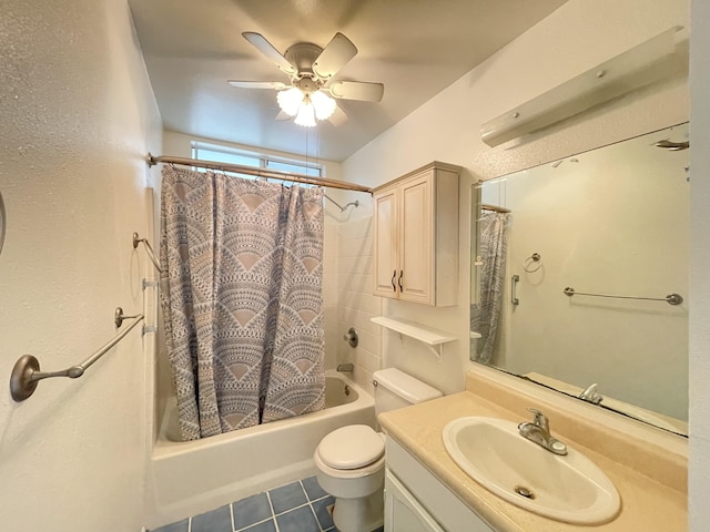 76-197 Kealoha St, Kailua-Kona, HI 96740 - full bath featuring tile patterned flooring, ceiling fan, shower / tub combo with curtain, vanity, and toilet
