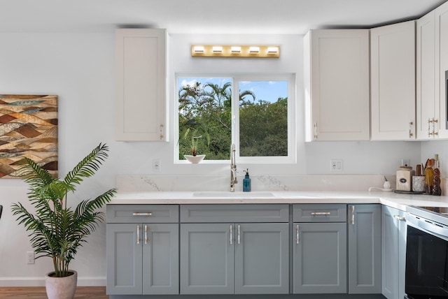 16-2143 Uilani Dr, Pahoa, HI 96778 - kitchen with gray cabinets, a sink, electric range, and light countertops