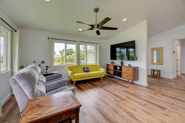 16-1516 Pohaku Cir, Keaau, HI 96749 - living area with a ceiling fan, light wood finished floors, vaulted ceiling, baseboards, and recessed lighting