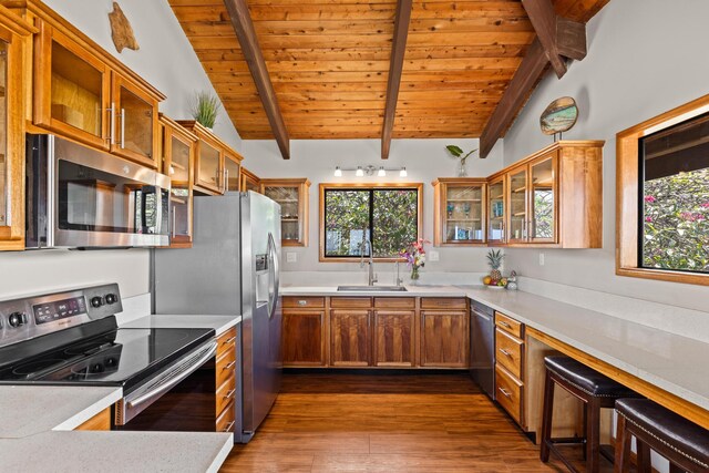 76-6320 Kololia St, Kailua-Kona, HI 96740 - kitchen featuring stainless steel appliances, a sink, wooden ceiling, dark wood-type flooring, and brown cabinetry