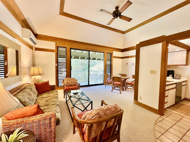 2253 Poipu Rd Unit 446, Koloa, HI 96756 - living area with light colored carpet, a wall mounted air conditioner, and ceiling fan
