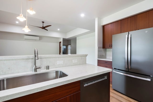 4306 Pilimai St, Lihue, HI 96766 - kitchen with freestanding refrigerator, dishwasher, backsplash, pendant lighting, and a ceiling fan
