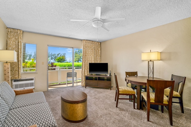 525 Aleka Lp Unit F6, Kapaa, HI 96746 - living room featuring carpet flooring, a textured ceiling, a ceiling fan, and a wall unit AC